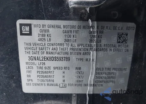 2013 Chevrolet Captiva Sport 2Ls из США, поврежденный, VIN 3GNAL2EK8DS593789